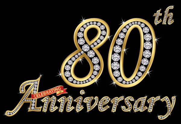 Celebrando 80 aniversario signo de oro con diamantes, vector — Vector de stock