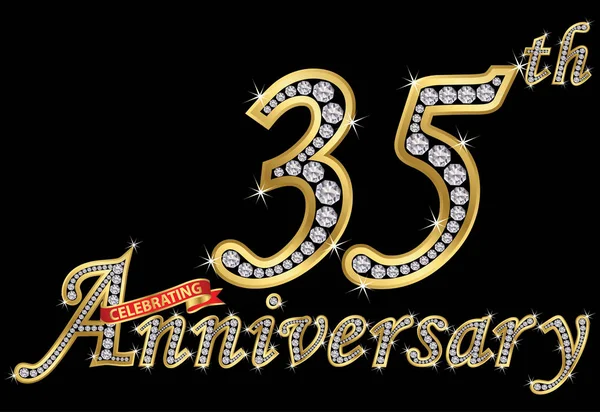 Celebrating  35th anniversary golden sign with diamonds, vector — Stock Vector