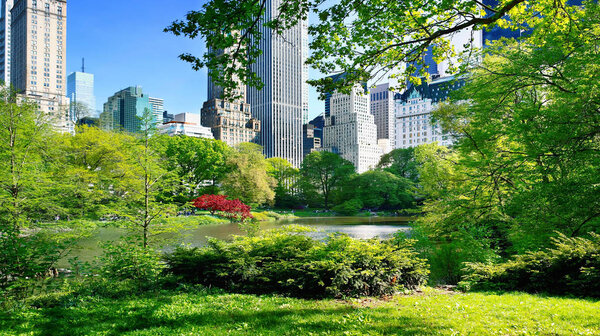 NEW YORK, USA - MAY 07, 2019: Midtown Manhattan skyline from Central Park, New York City