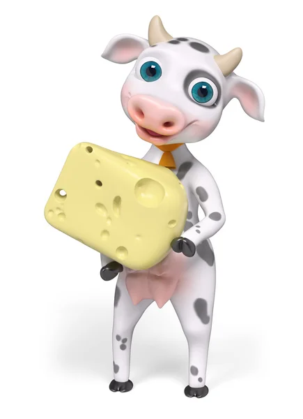 Personaje de dibujos animados vaca celebración de queso 3d representación — Foto de Stock