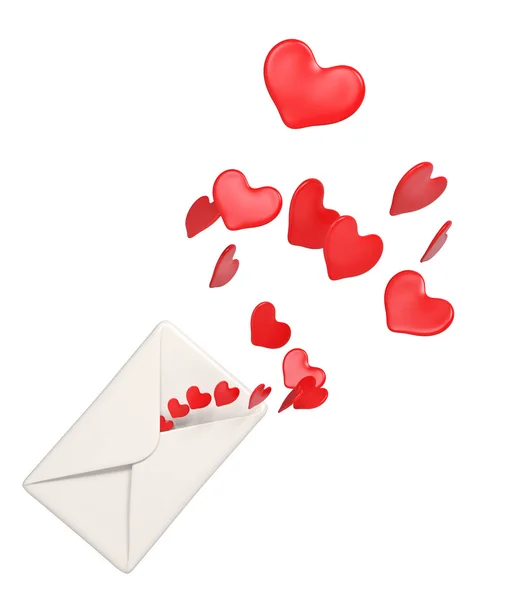 Envelope branco e corações vermelhos isolados 3d renderização — Fotografia de Stock