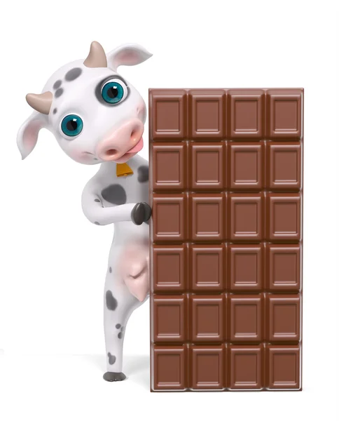 漫画文字牛を保持手 3 d renderi のチョコレートのバー — ストック写真