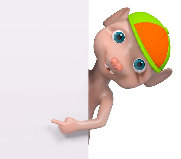 Ratón personaje de dibujos animados con cartel, mostrando el signo de representación 3d — Foto de Stock