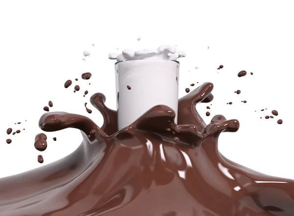 Splash chocolade en melk in glazen 3D-rendering — Stockfoto