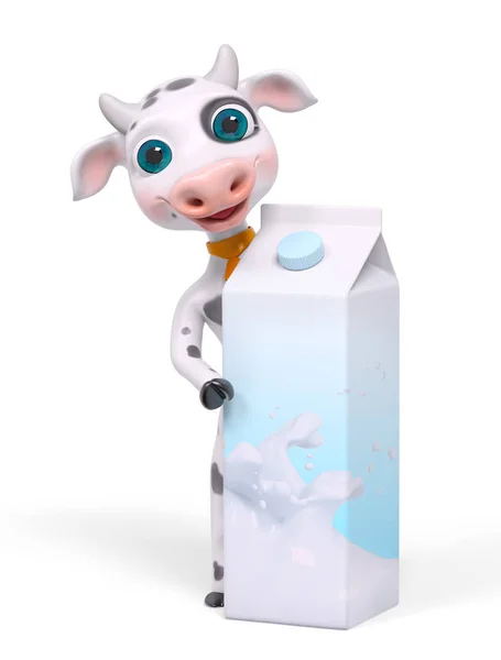 Cartoon karakter koe achter melk karton geïsoleerde 3D-rendering — Stockfoto