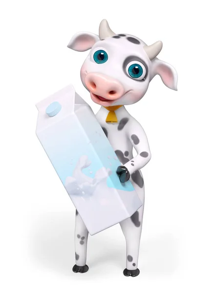 Charakter kreskówka krowa posiada karton mleka w ręce renderowania 3d — Zdjęcie stockowe