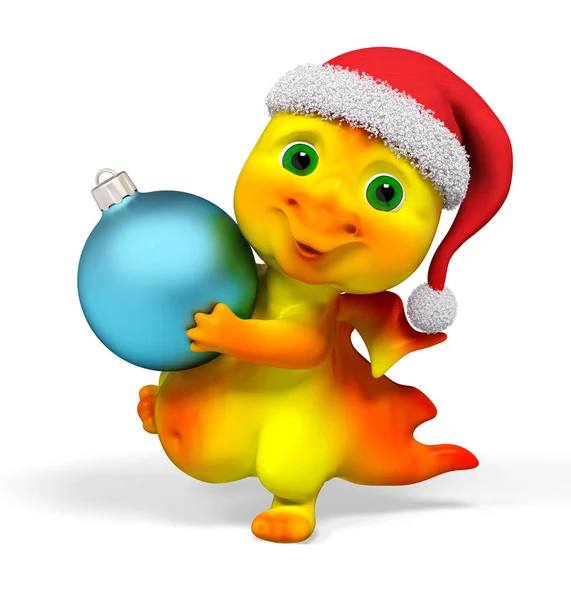 Funny little dragon karaktär holding christmas småsak dekoratio — Stockfoto