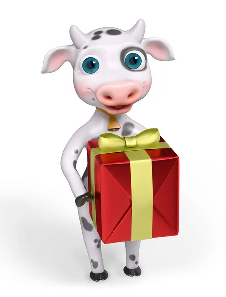 Personaje de dibujos animados vaca sosteniendo regalo rojo en las manos 3d representación — Foto de Stock