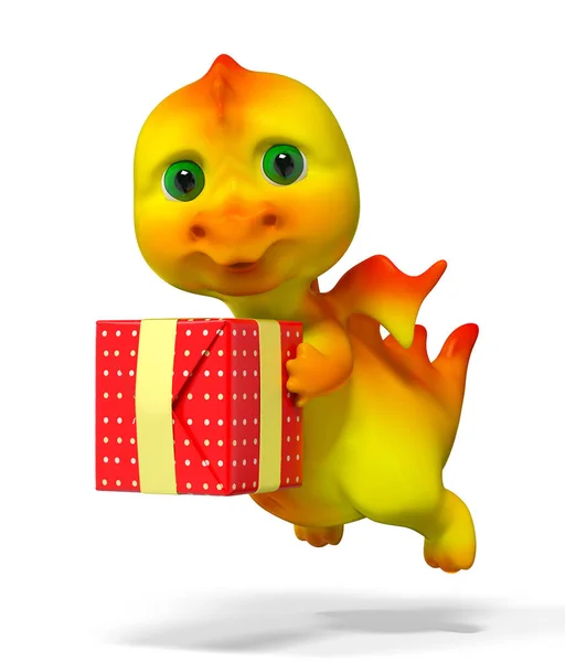 Personaje divertido pequeño dragón celebración de regalo rojo 3d renderizado —  Fotos de Stock