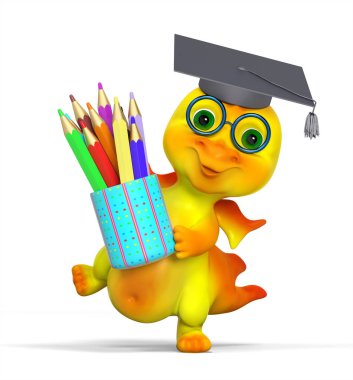 Komik küçük ejderha karakteri mezuniyet kap diploma ve kalemler 