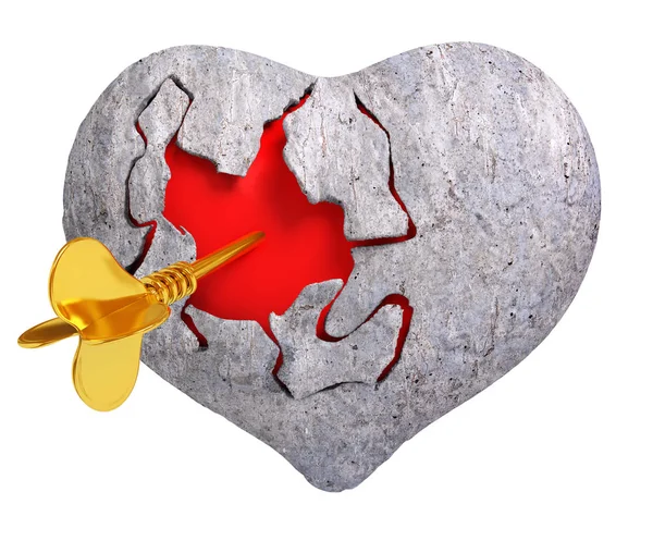 Rozbité kamenné srdce s červeným uvnitř a Amor arrow, 3d re — Stock fotografie