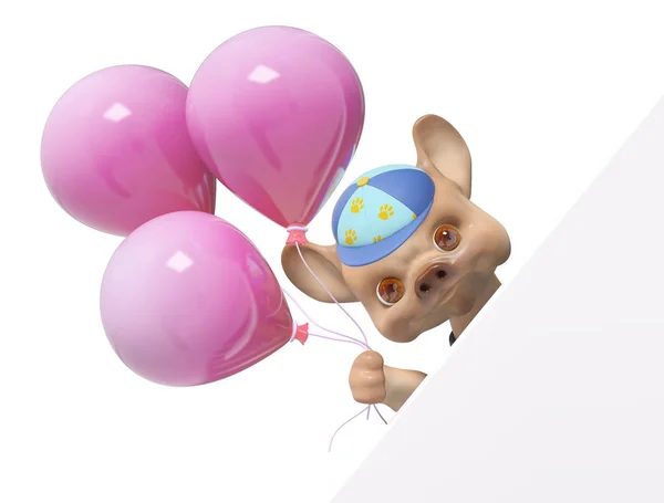 Kreskówka postać szczeniak z balon za plakat render 3d — Zdjęcie stockowe