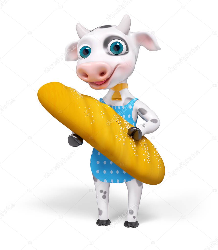 Cartoon character cow, holds  bread in hands isolated, 3d render