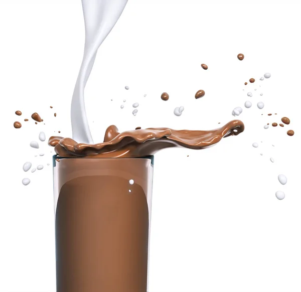 Csokoládé splash az üveg és a tej, a 3d-leképezés — Stock Fotó