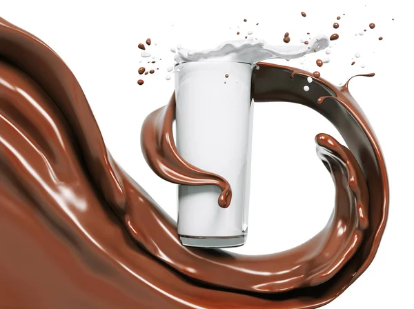 Splash csokoládét és tejet üveg 3d-leképezés — Stock Fotó