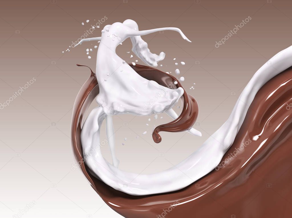 Splash chocolate and milk 3d rendering