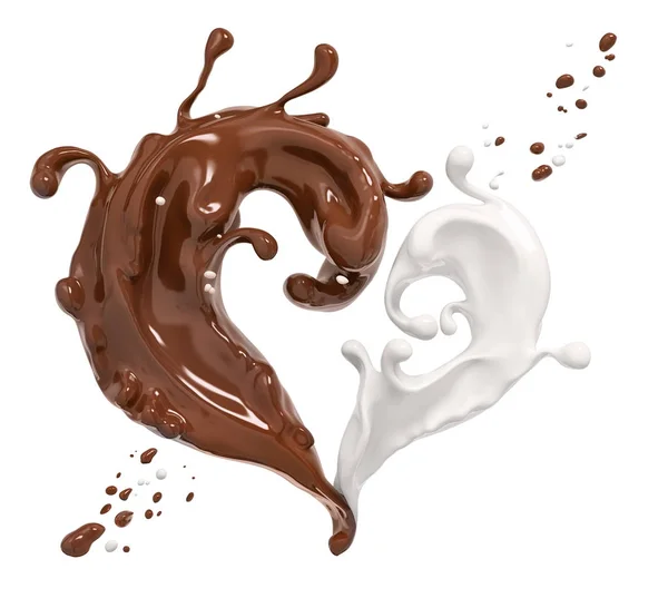 Splash chocolade en melk, chocolade hart 3D-rendering — Stockfoto