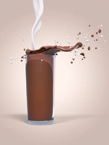 Chocolate splash in glass and milk, 3d rendering