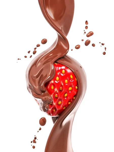 Fragola in schizzi di cioccolato rendering 3d — Foto Stock