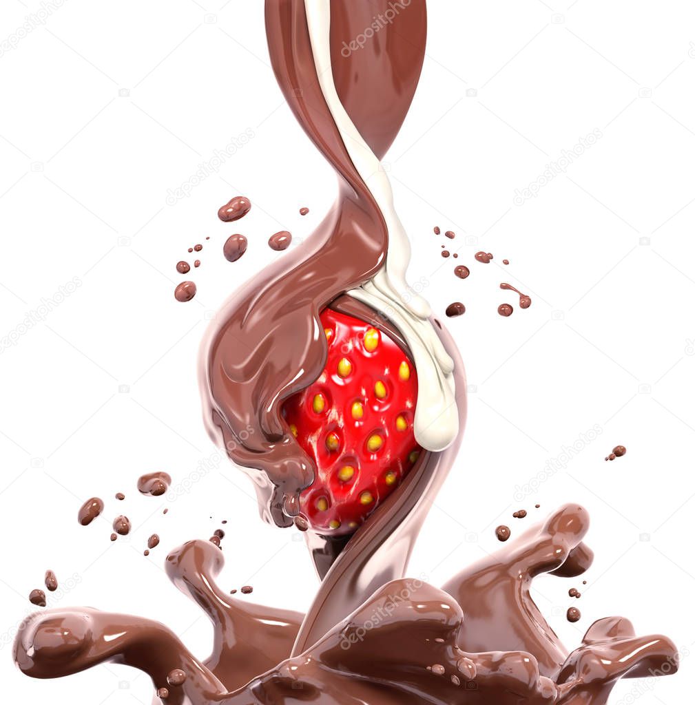 Strawberry in splashing chocolate 3d rendering 