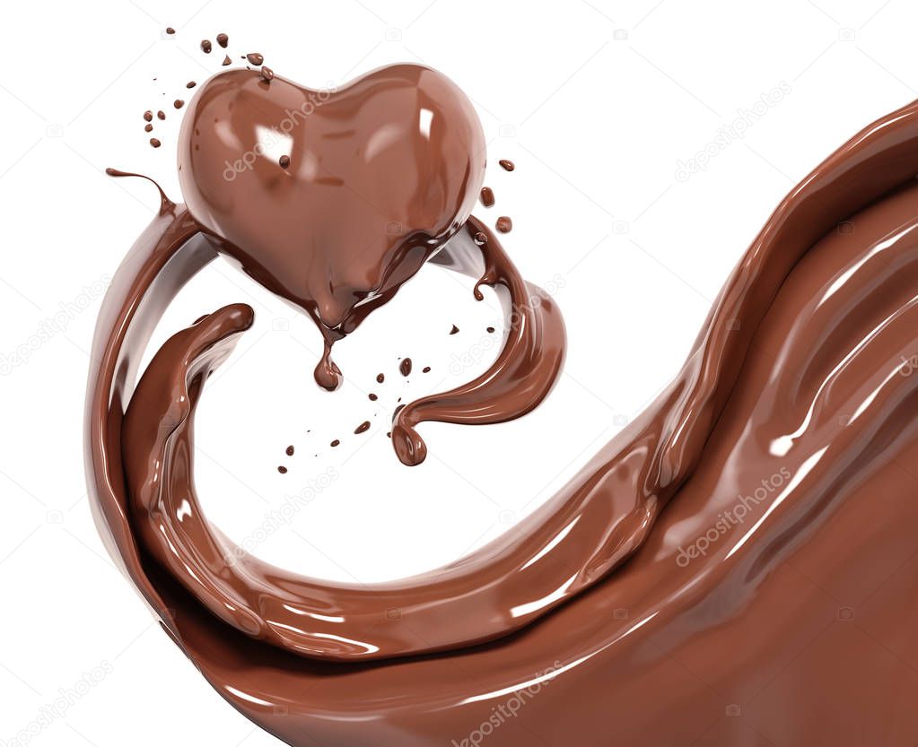 Splash chocolate abstract background, chocolate heart 3d renderi
