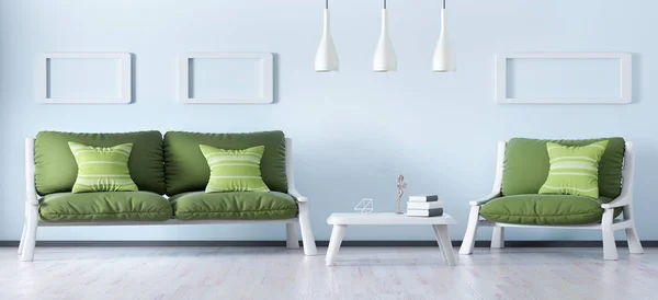 현대 거실 소파와 안락의 자의 인테리어 디자인 3d — 스톡 사진