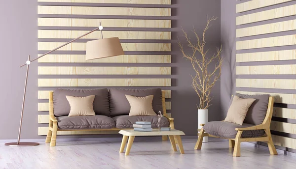 Diseño interior de la moderna sala de estar con sofá, mesa de café y —  Fotos de Stock