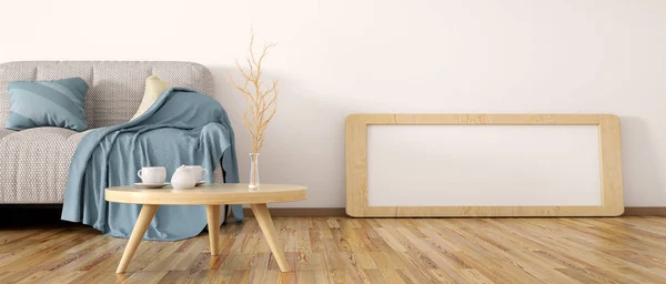 Projektowanie wnętrz z nowoczesnego pokoju dziennego z sofą renderowania 3d — Zdjęcie stockowe