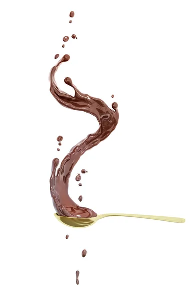 黄金のスプーン 食べ物や飲み物のイラストでチョコレートスプラッシュ 抽象的な渦の背景 孤立した3Dレンダリング — ストック写真
