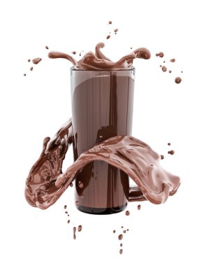 Çikolata splash illüstrasyon, cam, gıda ve içecek 3d render izole soyut girdap arka plan,