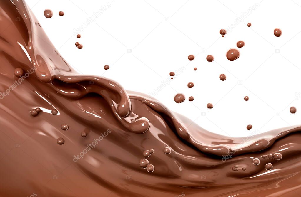 Chocolate splash, food and drink illustration, abstract swirl background, 3d rendering