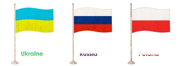 Flag of Ukraine, flag of Russia, flag of Poland, wooden flag colored isolated 3d rendering