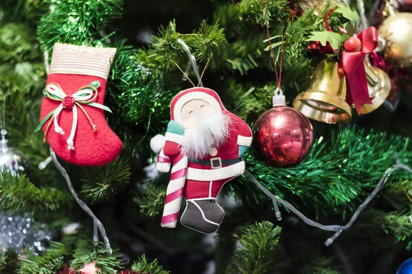 Meias de Natal penduradas em uma árvore de Chrismas . Imagens Royalty-Free
