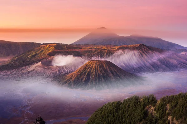 Mount Bromo alacakaranlık gökyüzü gündoğumu zaman sis doğa manzara ile 