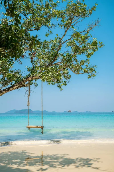 Swing hang on big tree over beach sea — Stock Photo, Image