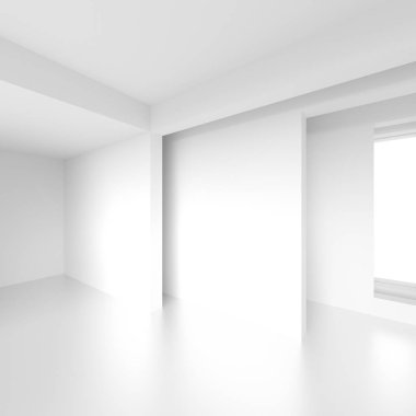 Fütüristik iç tasarım. Pencere ile beyaz boş oda. Minima
