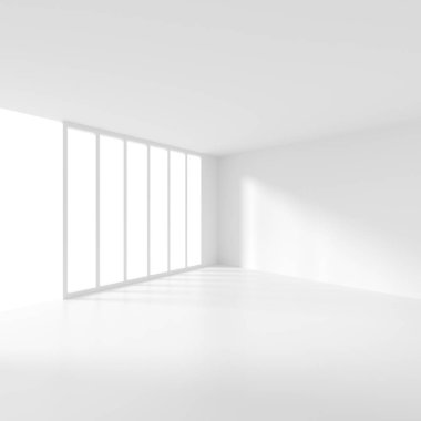 Fütüristik iç tasarım. Pencere ile beyaz boş oda. Minima