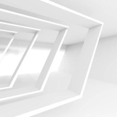 Fütüristik iç arka plan. Beyaz soyut oturma odası Conce