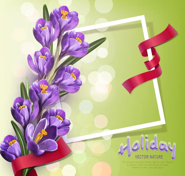 Vector greeting card with purple crocuses — Stock Vector