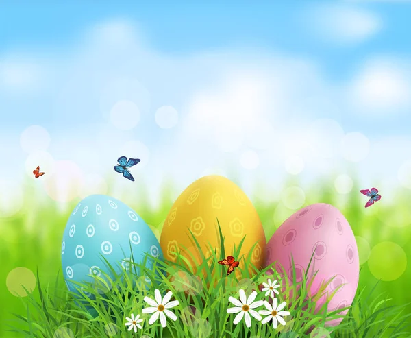 Easter eggs in green grass — Stock Vector