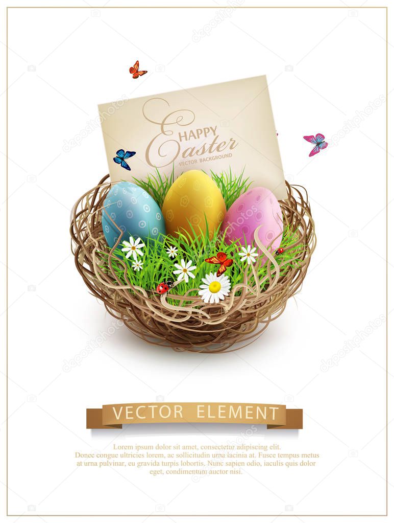 Easter eggs in a wicker nest