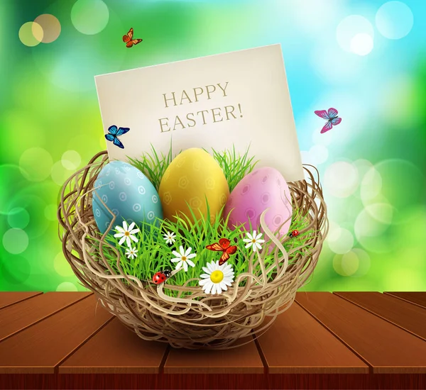 Fondo de Pascua vectorial con cesta y huevos, de pie sobre un coro — Vector de stock