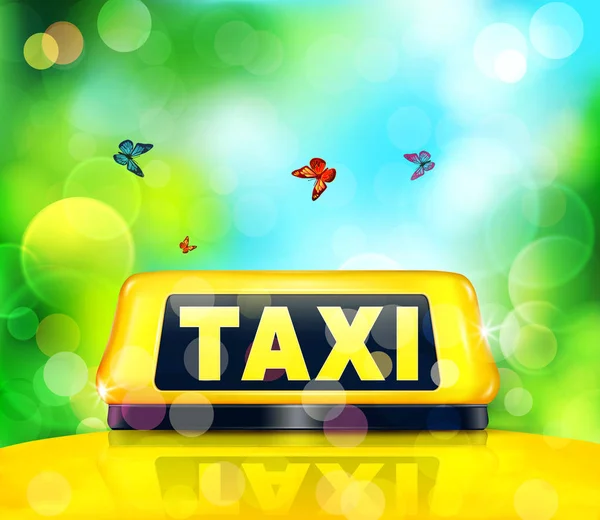 Векторно-желтый знак такси на автомобиле на синеватом зеленом фоне — стоковый вектор