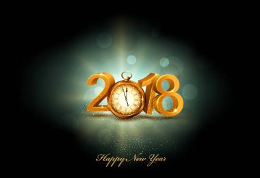 Vektör çizim. 3D altın basamak 2018, eski bir saat inst ile