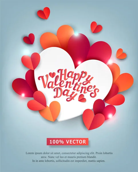 Vector Illustration Valentines Day White Big Heart Text Red Hearts — Stock Vector