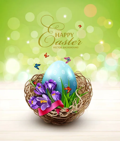Vektorové Ilustrace Velikonoční Přání Modrým Vejcem Krokusy Proutěném Košíku Zelené — Stockový vektor