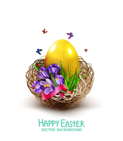 Ilustración Vectorial Tarjeta Pascua Con Huevos Coloridos Azafranes Canasta Mimbre — Vector de stock