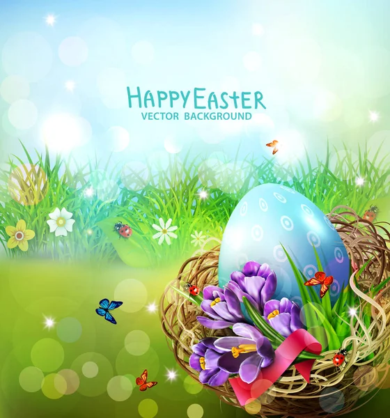 Vectorillustratie Paaskaart Met Kleurrijke Eieren Krokussen Rieten Mand Tegen Achtergrond — Stockvector