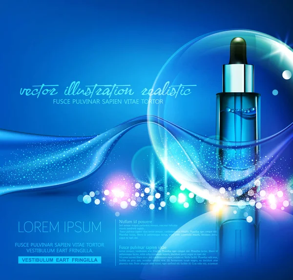 青の図 ベクトル波や泡の背景にプロ顔血清とガラスの瓶 テンプレート オイル Q10 化粧品 デザイン 化粧品のプロモーション対象の要素 — ストックベクタ