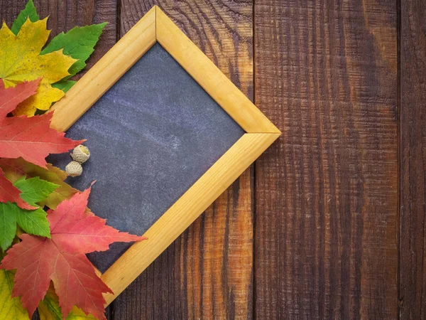 Outono folhas coloridas com moldura de madeira para texto — Fotografia de Stock